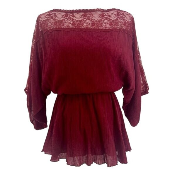RARE Vintage Free People Burgundy Red Lace Trim Cinched Waist Boho Crepe Top - Picture 4 of 16